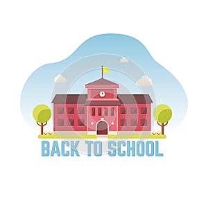 School building vector illustration. High school or college with trees and flowers, blue sky and white clouds.