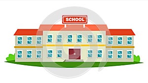 School Building Vector. Modern Education City Construction. Urban Sign. Font Yard. Isolated Flat Cartoon Illustration