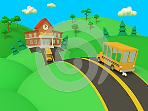 School building and yellow bus with green summer beautiful landscape. Back to school. Volumetric style illustration. 3D render