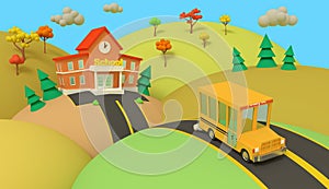 School building and yellow bus with green summer beautiful landscape. Back to school. Volumetric style illustration. 3D render