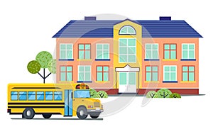 School building with yellow school bus, isolated icons in flat style, back to school concept