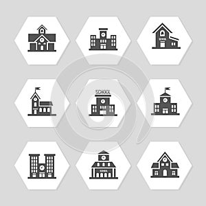 School buildings flat icons collection