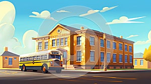 School bus on the background of the school building. Vector illustration.