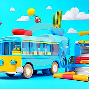 school bus with books and backpacks