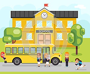 School bus boy girls pupil education building student knowledge child flat design vector illustration