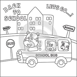 School bus cartoon. Cute animal in school bus. Coloring book. Cartoon isolated vector illustration  Creative vector Childish