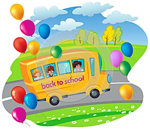 School bus with children moving in the road. flying balloons. ve