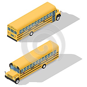 School bus detailed isometric icons set frond and rear view