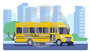 School bus drives down city street. Public transport. Yellow car. Journey to college. Passenger auto. Urban buildings