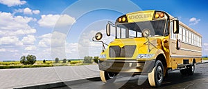 School bus driving on the road, concept of going back to school, beautiful sunny day