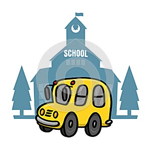 School bus in front of school illustration