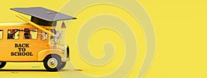 School bus with graduation hat and eyeglasses on vibrant yellow background with copy space. Back to school concept.