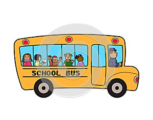 School bus with group of school children. Isolated on white background