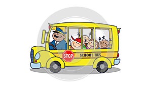 School Bus With Happy Children Cartoon Characters