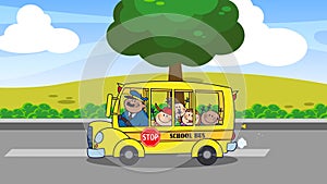 School Bus With Happy Children Cartoon Characters Going To School