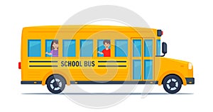 School bus and Happy Children. Kids in yellow classic school bus. Side view. American education. Back to school. Vector