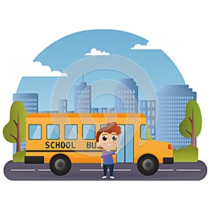 School bus and Happy Children. Vector illustration of School theme. Vector of little boy standing near the school bus