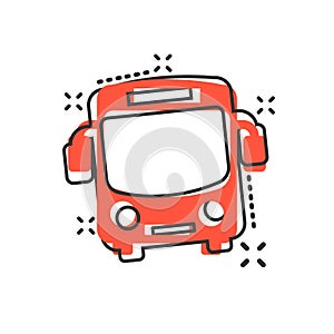 School bus icon in comic style. Autobus vector cartoon illustration on white isolated background. Coach transport business concept