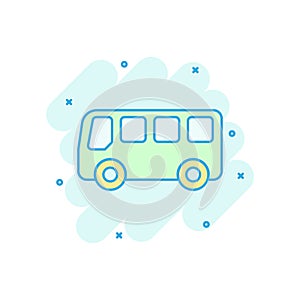 School bus icon in comic style. Autobus vector cartoon illustration on white isolated background. Coach transport business concept