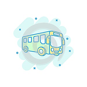 School bus icon in comic style. Autobus vector cartoon illustration on white isolated background. Coach transport business concept