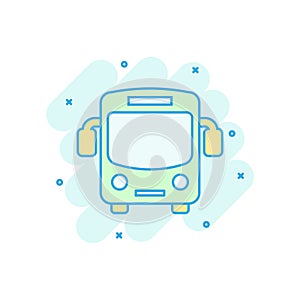 School bus icon in comic style. Autobus vector cartoon illustration on white isolated background. Coach transport business concept