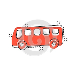 School bus icon in comic style. Autobus vector cartoon illustration on white isolated background. Coach transport business concept