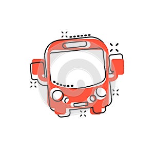 School bus icon in comic style. Autobus vector cartoon illustration on white isolated background. Coach transport business concept