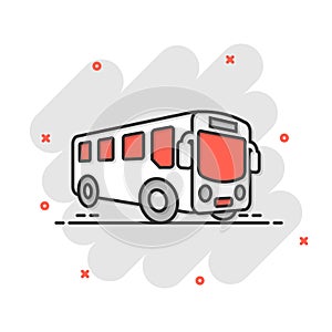 School bus icon in comic style. Autobus vector cartoon illustration on white isolated background. Coach transport business concept