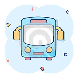 School bus icon in comic style. Autobus vector cartoon illustration on white isolated background. Coach transport business concept