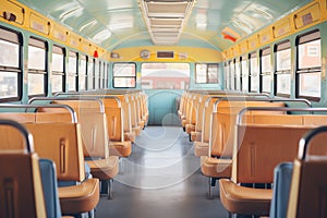 school bus interior view with rows of empty seats