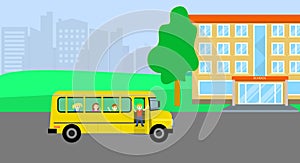 School bus with kids background, flat style