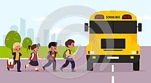 School bus kids. Students enter yellow transport, children group goes to classes, urban landscape, girls and boys with