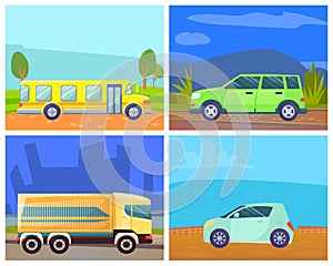 School Bus and Lorry, Minicar and Green Minivan