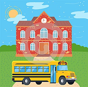 School Bus near College, Public Transport Vector
