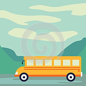 School bus paper art style driving on the road with beautiful background vector illustration