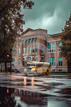 school bus parked in front of a school building