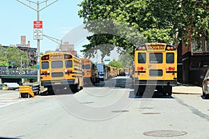 School bus parked in orthodox jew neighborhood, Williamsburg, Brooklyn, New York