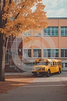 school bus parked outside a school building