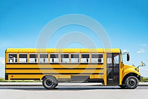 School bus parked on the road, concept of going back to school, beautiful sunny day