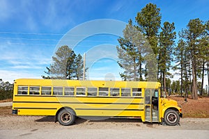 School bus parked at the side of a country road, South Dakota, USA