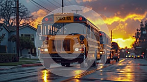 School Bus Pausing On A Rainy Sunset Boulevard photo