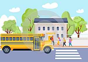 School bus with people, vector illustration, transport near education building, boy girl student charcater go home at
