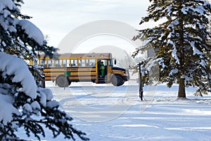 School bus is picking up a student from the remote location in winter