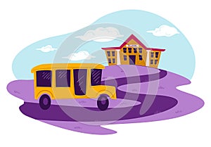 School bus riding down path to building vector