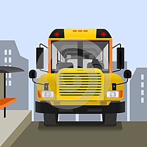 School Bus on Road with Cityscape Vector Illustration