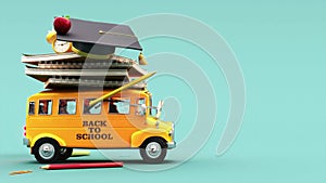 School bus with school accessories on blue background. Back to school concept.