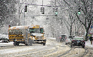 School bus in snow storm