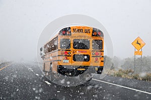 School bus in snow storm.