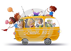School bus with students isolated over white background. Back to school illustration in vector with kids, children in yellow bus