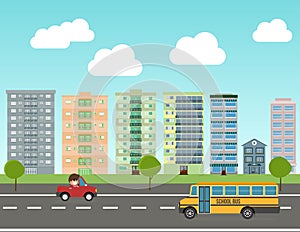 City set with school bus, road and buildings. City street panoramic. Vector flat style illustration